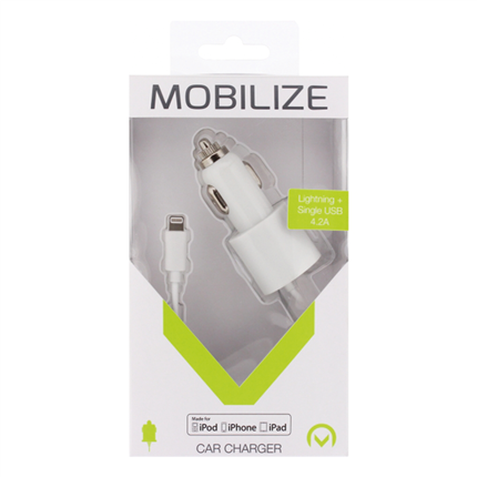 Afbeelding vergroten Mobilize Autolader Apple Lightning + Extra Usb