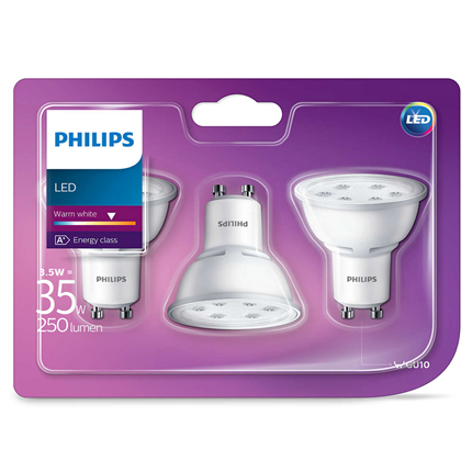 Afbeelding vergroten Philips LED lamp GU10 3,5W 250Lm reflector wit 3 stuks