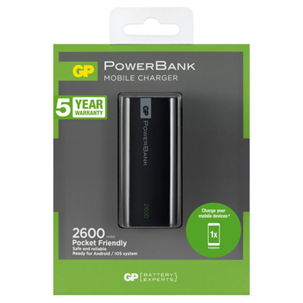 Afbeelding vergroten GP Powerbank 1C02A 2600 mAh Zwart 1-poort