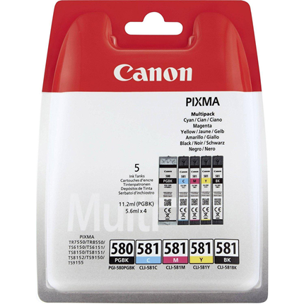 Afbeelding vergroten Canon Cartridge PGI-580/CLI-581 Multipack Cyaan ± 259 pagina's, Foto zwart ± 200 pagina's, Geel ± 259 pagina's, Magenta ± 223 pagina's, Zwar: ± 750 pagina's