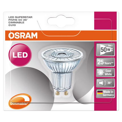 Afbeelding vergroten Osram ledlamp GU10 4,6W 36° PAR16 840 dimbaar 4052899390195 Koel wit