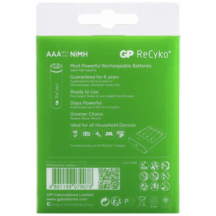 Afbeelding vergroten GP ReCyko+ AAA 950mAh 4 stuks Oplaadbare NiMH Batterij