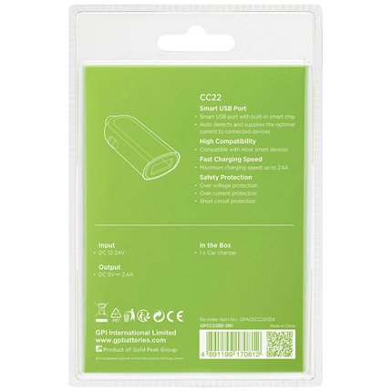 Afbeelding vergroten GP USB Auto Adapter CC22 1xUSB 2400mA