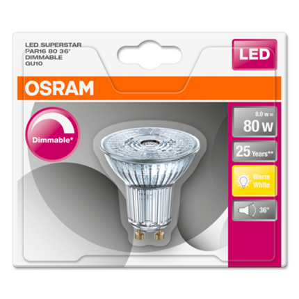 Afbeelding vergroten Osram ledlamp GU10 8W 36° PAR16 827 dimbaar