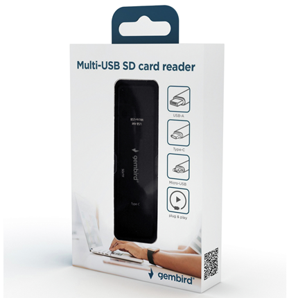 Afbeelding vergroten Gembird SDkaart lezer USB-A / Micro-USB / USB-C Zwart
