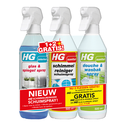 Afbeelding vergroten HG Glas en spiegel-, schimmelreiniger- en douche en wasbakspray 3x 500ml 1+2 gratis
