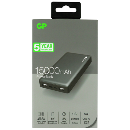 Afbeelding vergroten GP BATTERIES portable power bank M-serie 15000 mAh MP15MA grijs