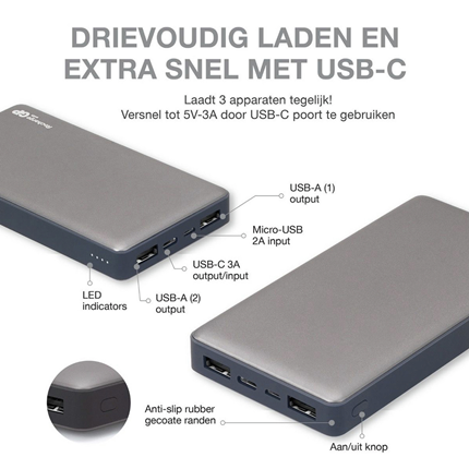 Afbeelding vergroten GP Portable Powerbank Grijs 15000mAh 2xUSB A 1xUSB