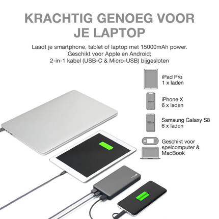 Afbeelding vergroten GP Portable Powerbank Grijs 15000mAh 2xUSB A 1xUSB