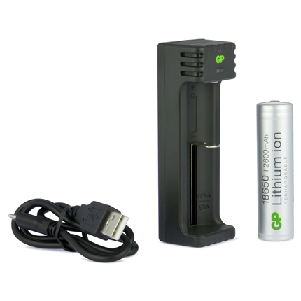 Afbeelding vergroten GP Batterijlader + 18650 Li-ion 2600 mAh Batterij
