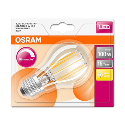 Afbeelding vergroten Osram ledlamp E27 12W Classic A filament dimbaar 4058075289031