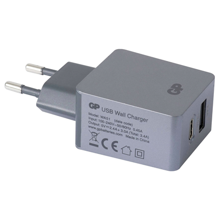 Afbeelding vergroten GP USB Thuislader WA51 1x USB-A + 1x USB-C
