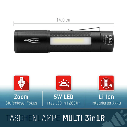 Afbeelding vergroten Ansmann LED zaklamp 70 Lumen (USB oplaadbaar)