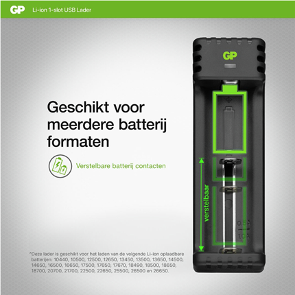 Afbeelding vergroten GP Batterijlader + 18650 Li-ion 2600 mAh Batterij