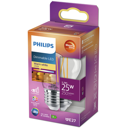 Afbeelding vergroten Philips LED Lamp E27 3,2W Kogel Dimbaar
