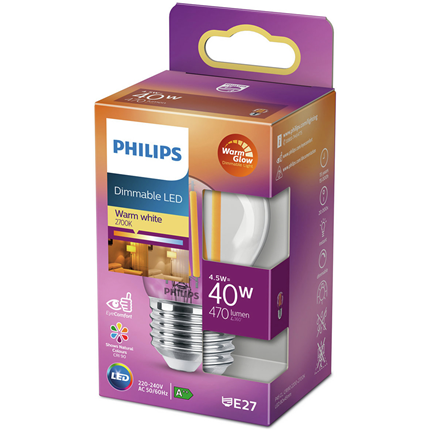 Afbeelding vergroten Philips LED Lamp E27 4,5W Kogel Dimbaar