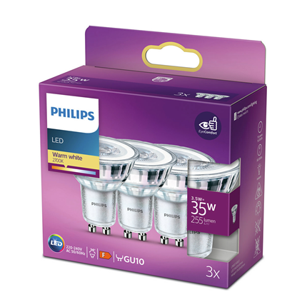 Afbeelding vergroten Philips LED Lamp GU10 3,5W 3 Stuks