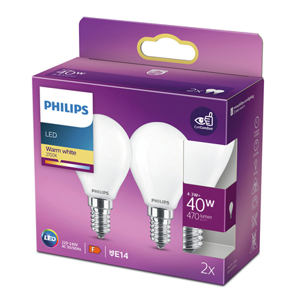 Afbeelding vergroten Philips LED Lamp E14 40W 470Lm Warm Wit Kogel 2 stuks