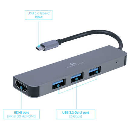 Afbeelding vergroten Cablexpert 2 in 1 Multipoort Adapter USB-C -> HDMI, 3x USB-A 3.2