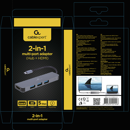 Afbeelding vergroten Cablexpert 2 in 1 Multipoort Adapter USB-C -> HDMI, 3x USB-A 3.2