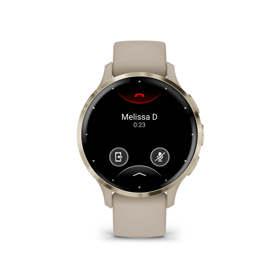 Garmin Venu® 3S, Soft Gold rand van roestvrij staal met French Grey behuizing en siliconen band