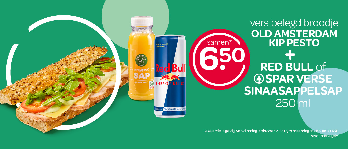 SPAR express herfstdeal broodje + Red Bull of sinaasappelsap voor 6.50