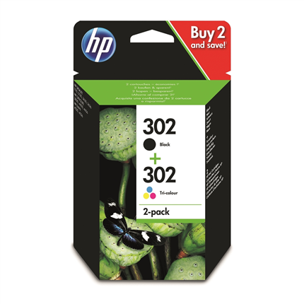 HP 302 Cartridge Combipack Zwart + Kleur ± 165 pagina's (kleur), ± 190 pagina's (zwart)