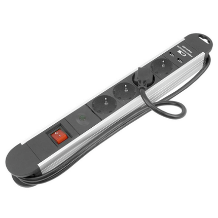 Exin Tafelcontacdoos 4-voudig + beveiliging +2x USB + randaarde +  schakelaar Zwart/Alu