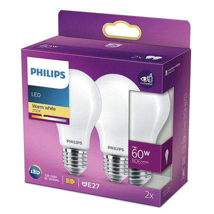 Philips LED Lamp E27 7W - Classic duopack