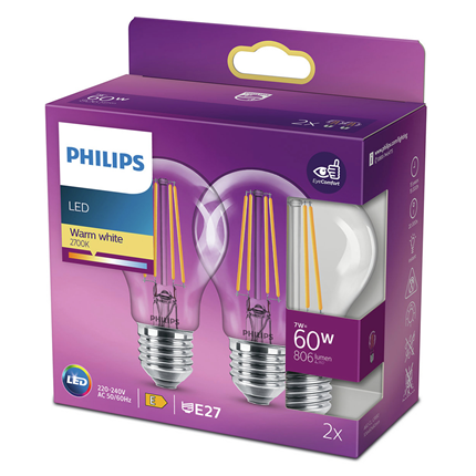 Philips LED Lamp E27 7W - Peer 2 stuks