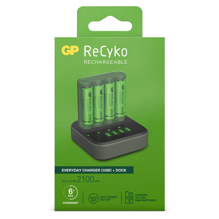 GP ReCyko Batterijlader USB B421 + Laaddock D451 + 4x AA 2100 mAh Batterijen