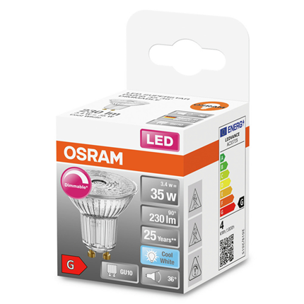 Osram ledlamp GU10 3,7W 230Lm PAR16 dimbaar 4000K