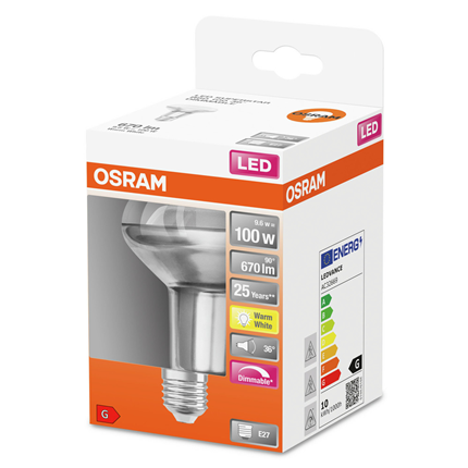 Osram ledlamp E27 9,6W 670Lm R80 dimbaar