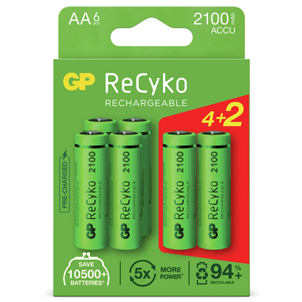 GP ReCyko AA 2100 mAh 6 stuks Oplaadbare NiMH Batterij