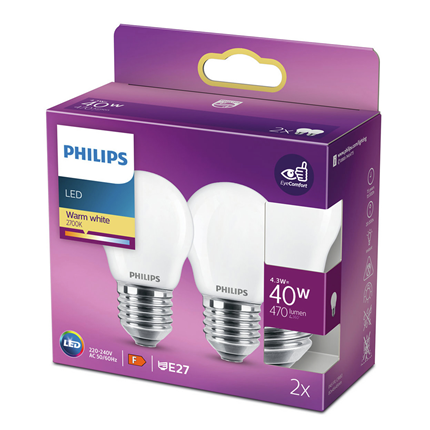 Philips LED Lamp E27 40W 470Lm Warm Wit 2 Stuks