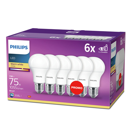 Philips LED Lamp E27 75W 1055Lm Warm Wit 6 Stuks