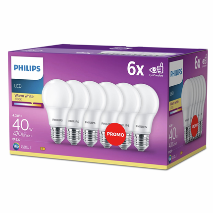 Philips LED lamp E27 4,2W 2700K Peer Mat x6