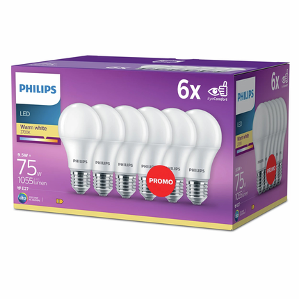 Philips LED lamp E27 9,5W 2700K Peer Mat x6