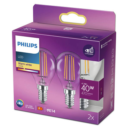 Philips LED Lamp E14 4,1W Kogel 2 stuks