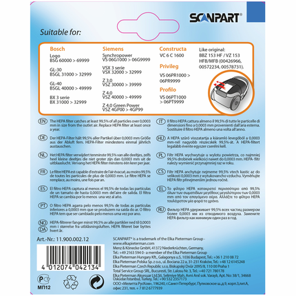 Scanpart HEPA-filter als origneel Bosch/Siemens BBZ153HF-VZ153HFB H12